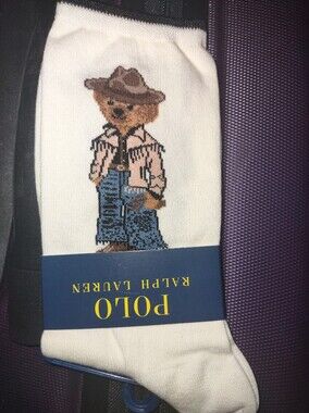 Polo by Ralph Lauren White Dress Socks with Bear Motif in Blue and Brown